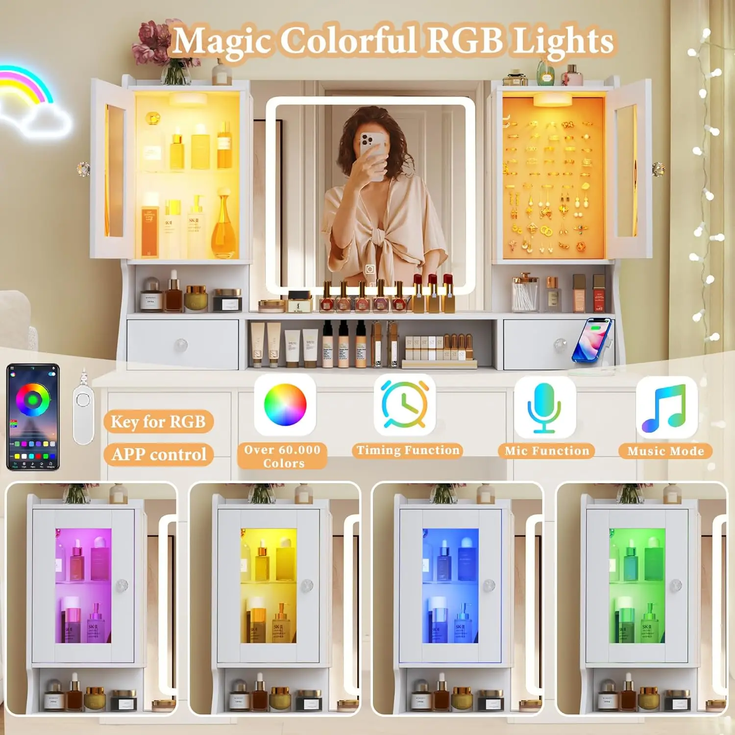Большой туалетный столик для макияжа с зеркалом, RGB подсветкой, 2 шкафа для ювелирных изделий, 7 ящиков, зарядная станция — белый