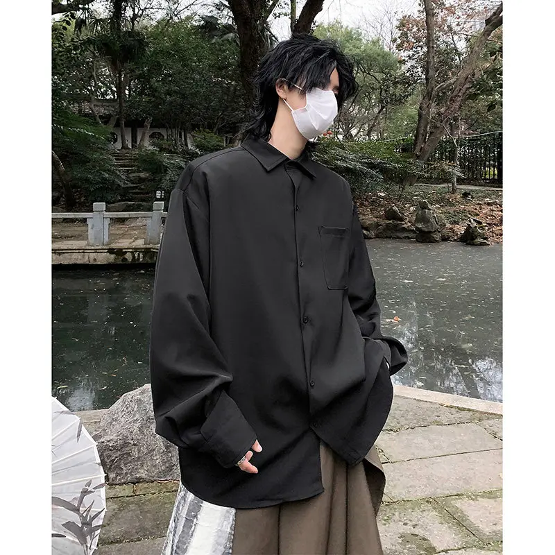 

Pure Bla Ice Silk Long Sve Men's irt Sli Western Suit Sle Oversize New Chinese Faion Outerwear for Youth