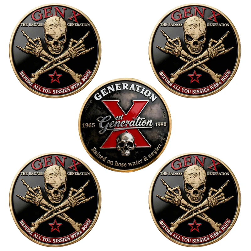5pcs Gen X Skull Commemorative Coins Vintage Punk Generation X Challenge Coin Souvenir Token for Gifts Display Collection