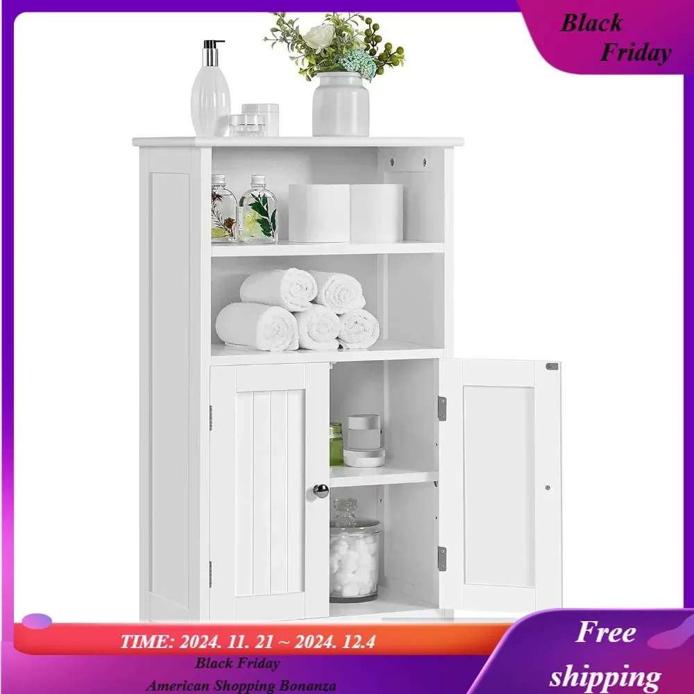 Bathroom Floor Cabinet, Free Standing Cabinet with Double Door and Adjustable Shelf, Side Tall Storage Organizer for Living Room