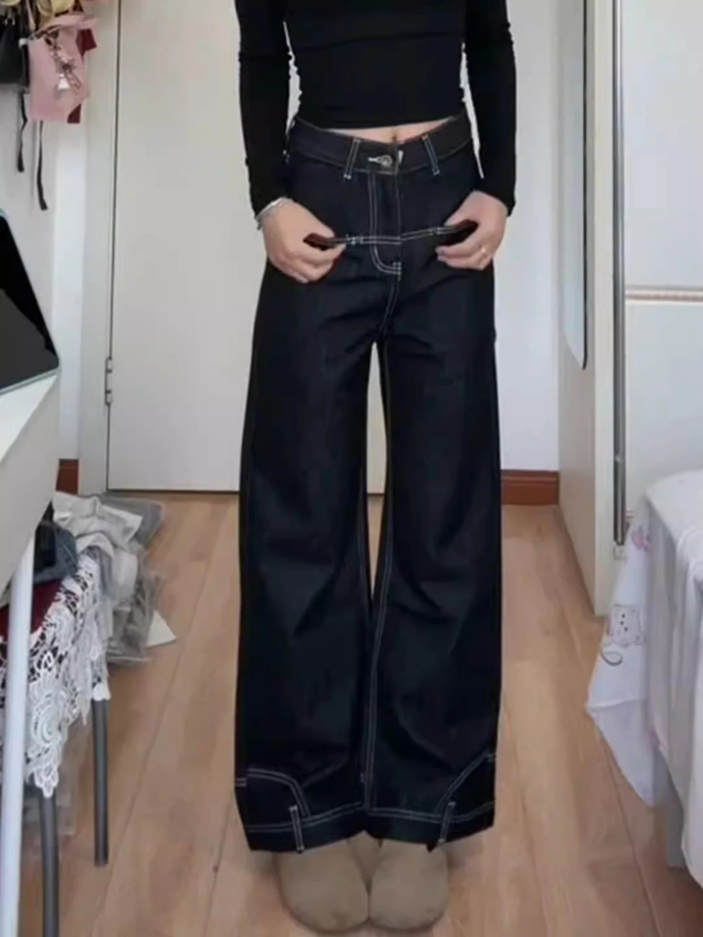 Street Style High Waist Bell Bottom Denim Jeans Women's Casual Fashion Design inside out Worn out Cowhide And Horsehair