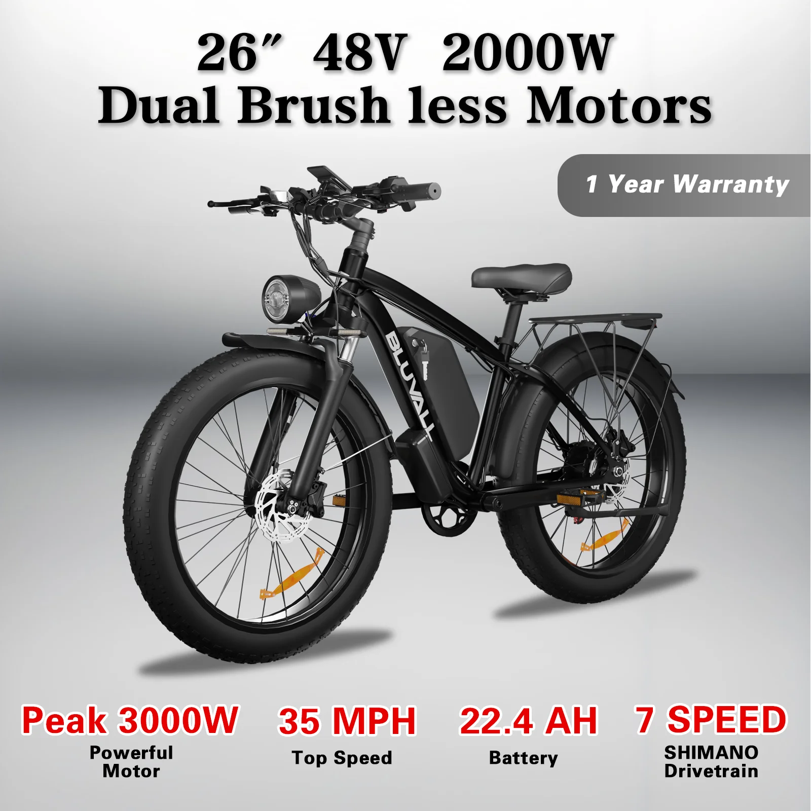 

Электрический велосипед для взрослых с двумя двигателями, 2000 Вт, 26 дюймов, аккумулятор с толстыми шинами, 48 В, 22 Ач, 35 миль в час, всесторонний электрический велосипед дальнего действия для поездок на работу и приключений