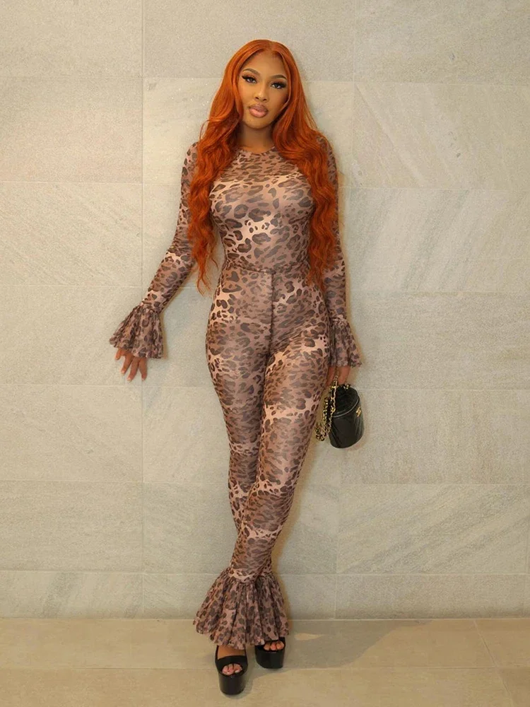 

Leosoxs Leopard Print Flared Jumpsuit Women Sexy See Through O-Neck Full Sleeve Skinny Peach Hip Street Wild Style Overalls