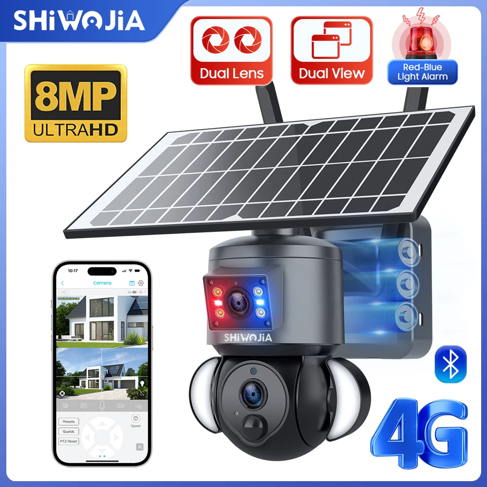 SHIWOJIA 야외 보안 듀얼 렌즈 녹화 태양광 카메라, 야간 투시경 PTZ 캠, 4K 8MP, 4G SIM /WIFI, 휴머노이드 추적 컬러 