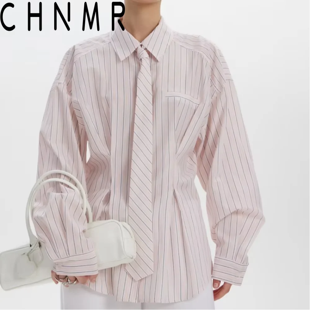 

CHNMR Striped Print Shirt Women Long Sleeve Lapel Neck Blouse Casual Loose Fit Office Lady Tops Fashion 2026 Spring Clothing