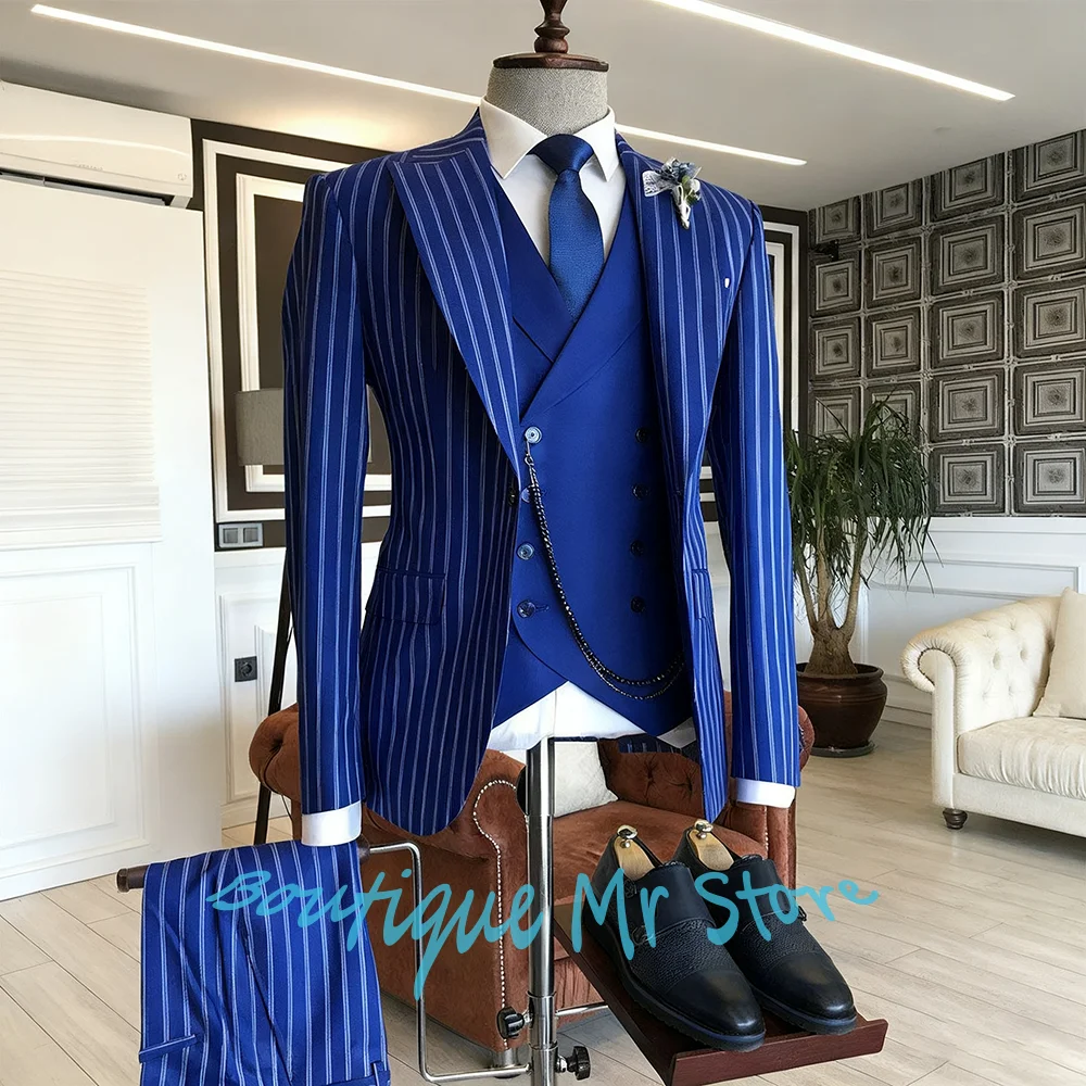 

Glamorous Men's Blue Suits Single Button Peaked Lapel 3Piece(Jacket+Vest+Pants) Set Formal Modern Evening Banquet Party Costume