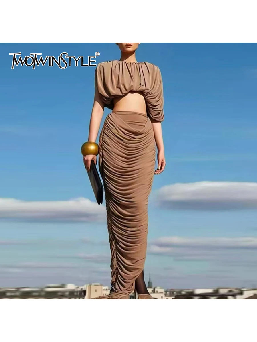 

TWOTWINSTYLE Splice Folds Two Piece Sets for Women O Neck Short Sleeve Top High Waist Irregular Skirt Solid Set Female Fashion