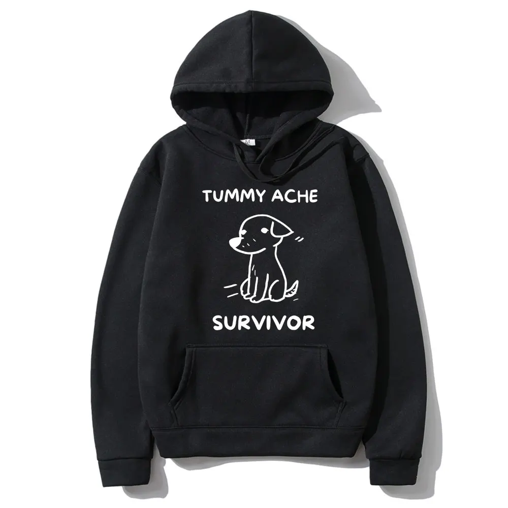 Funny Tummy Ache Survivor Puppy Meme Graphic Hoodie Men Women Casual Fleece Cotton Pullover Unisex Vintage Oversized Hoodies