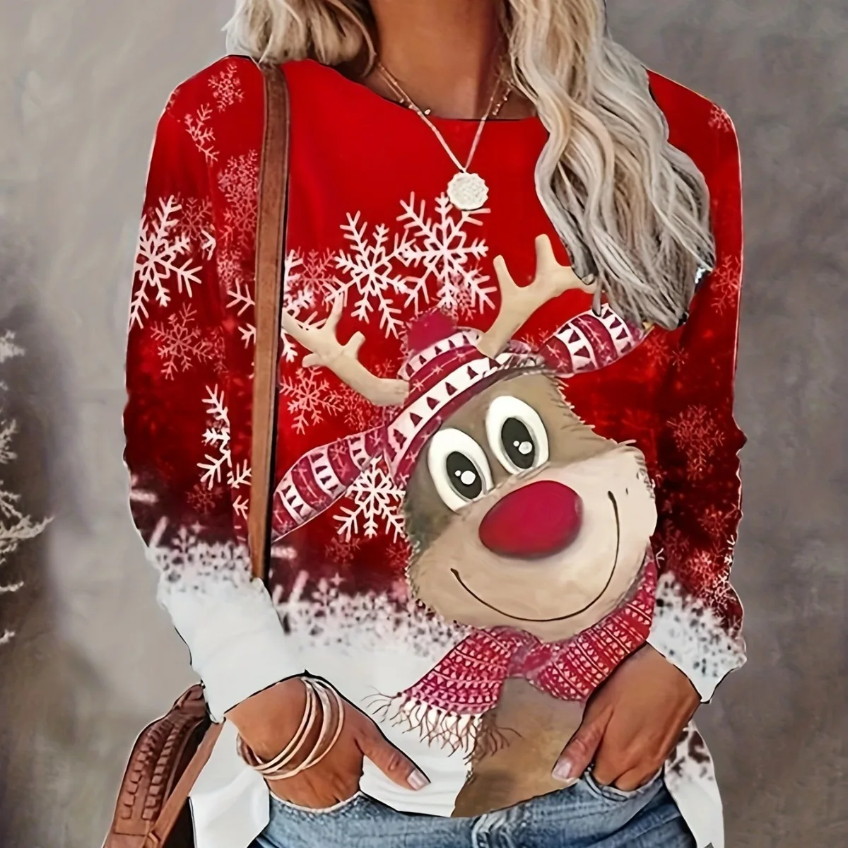 

Cartoon Christmas Deer Women Fashion T-Shirts Long Sleeve Autumn Winter Street Hip Hop Pullovers Tops Round-Neck Christmas Tees