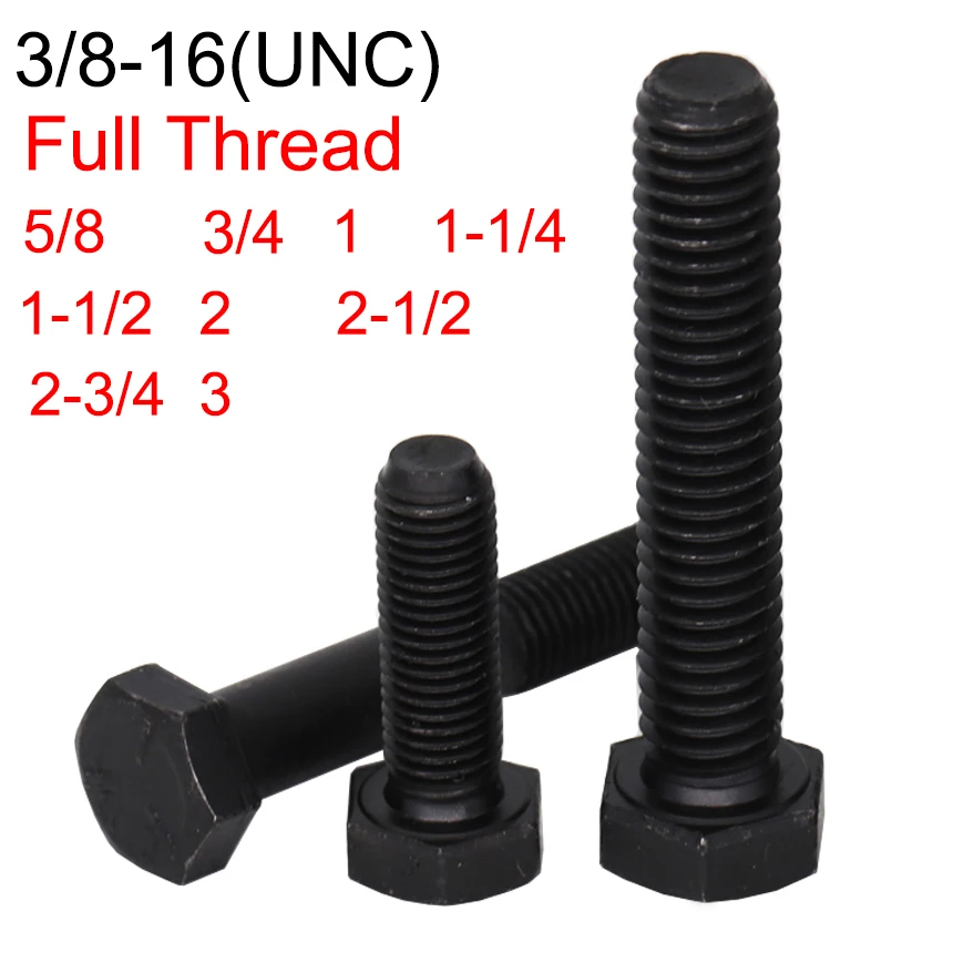 3/8-16 OD 5/8 1 2 3 Inch Black Steel Full UNC Unified National Coarse Thread External Outside Hex Hexagon Head CAP Screw Bolt