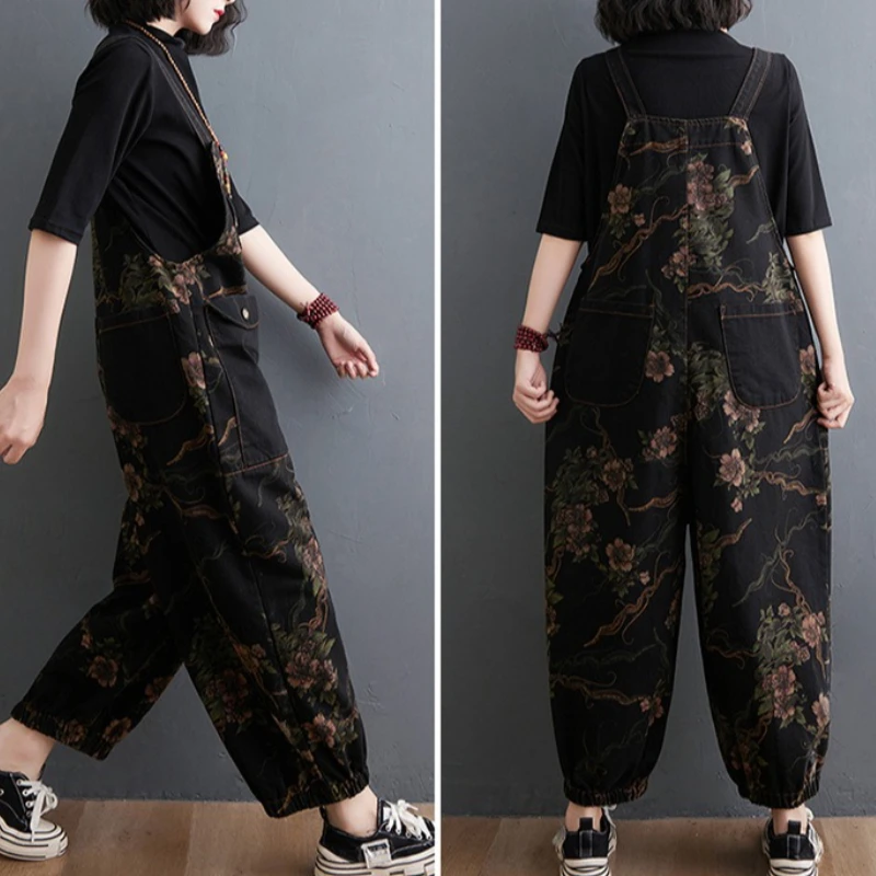 

Летние женские джинсовые комбинезоны больших размеров с принтом | Художественный свободный крой, брюки-шаровары с заниженной промежностью, повседневный комбинезон с большими карманами