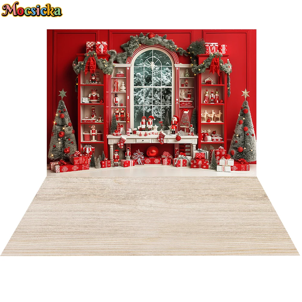 

Mocsicka Red Christmas Window Photography Background Winter Snow Xmas Tree Kids Family Portrait Decor Backdrop Photo Studio