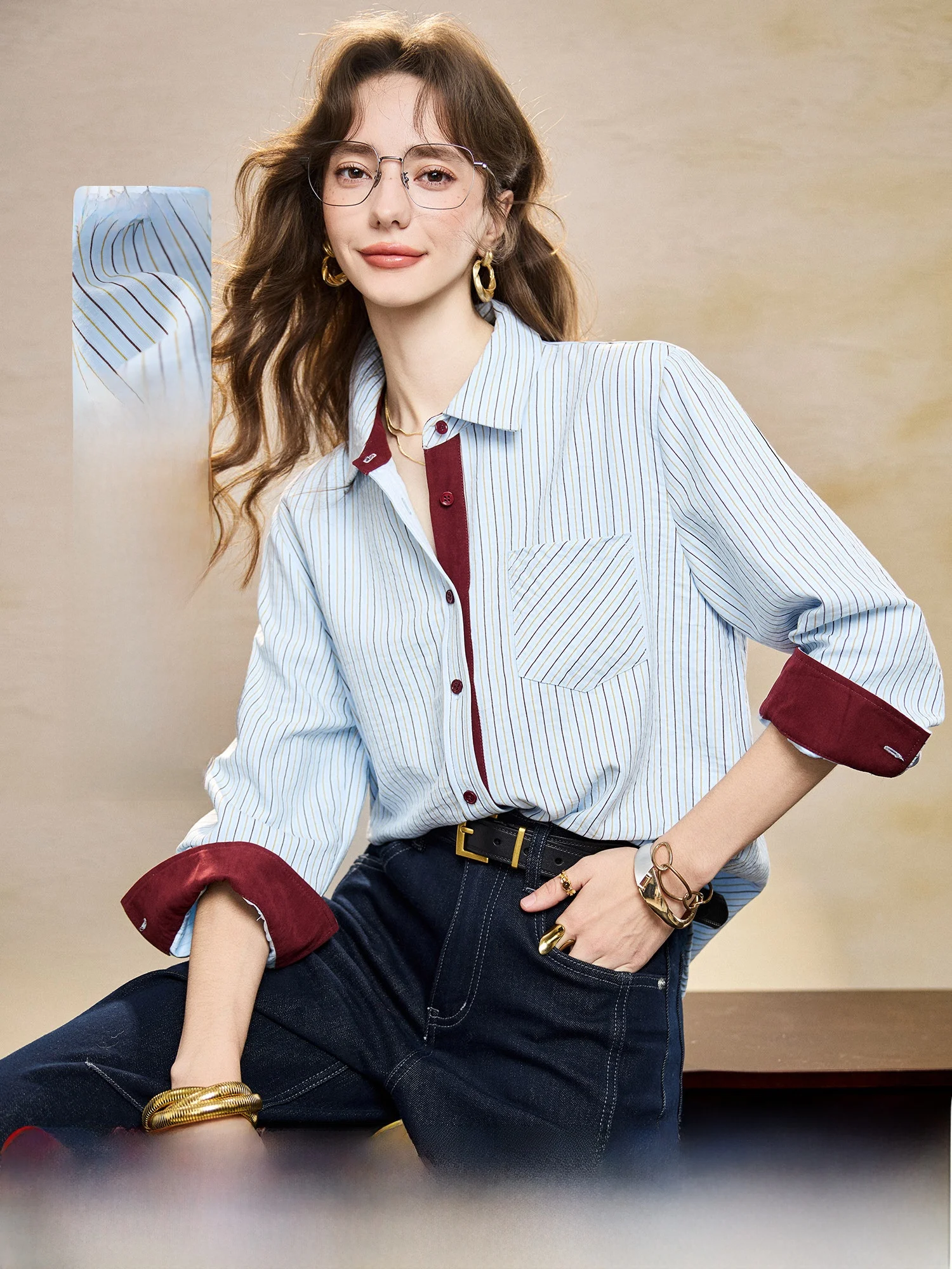 

Женская полосатая блузка с воротником и цветовыми блоками, весна 2026, с длинным рукавом, из полиэстера, стандартный крой, для повседневной носки