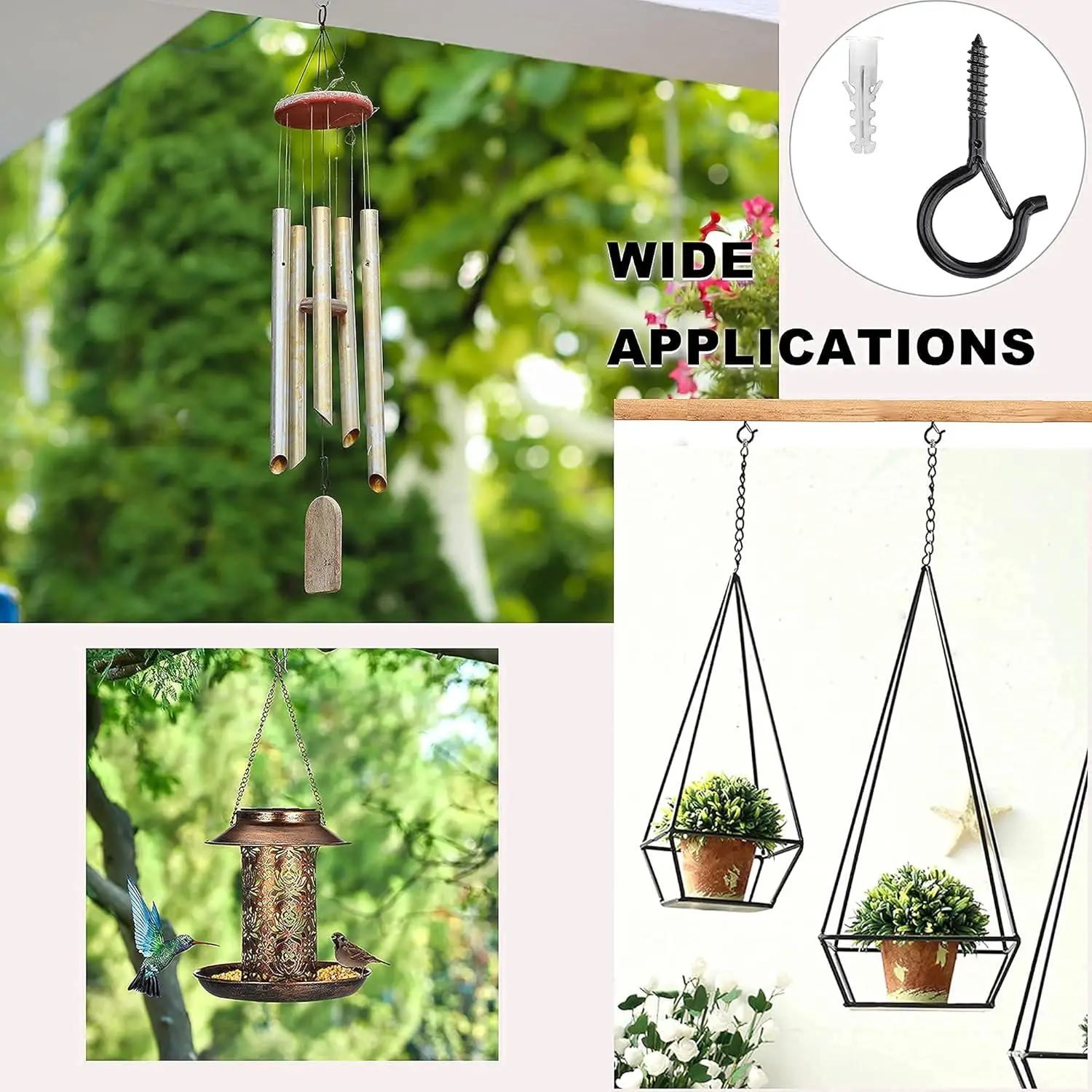 10/20 Pack Screw Hooks for Hanging Plants / String Lights, Heavy Duty 2.2 Inch Black Eye Hook Screw Cup Ceiling Hook Q-Hanger view 6