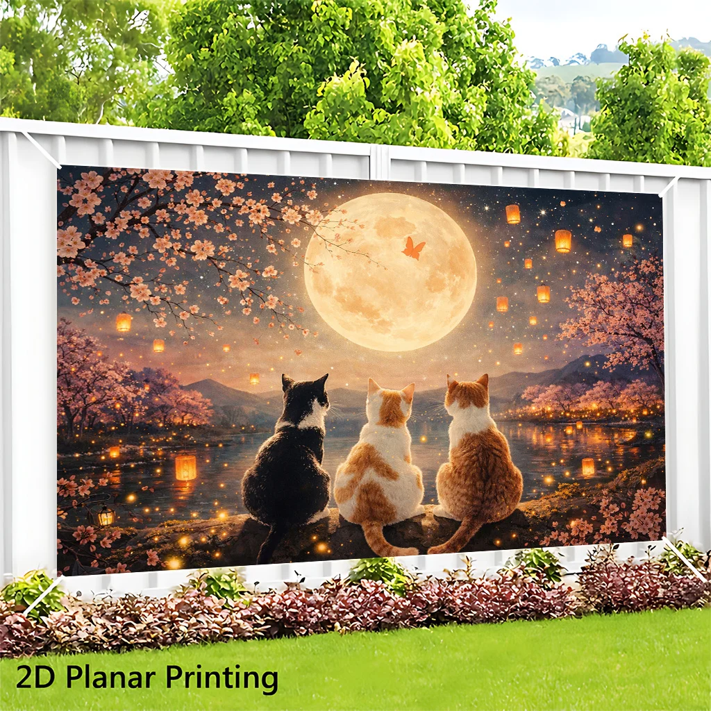 Aesthetic Cat and Moon Sakura Night Wall Mural Tapestry Canvas Decor Art Print for Living Room Bedroom Home Decor