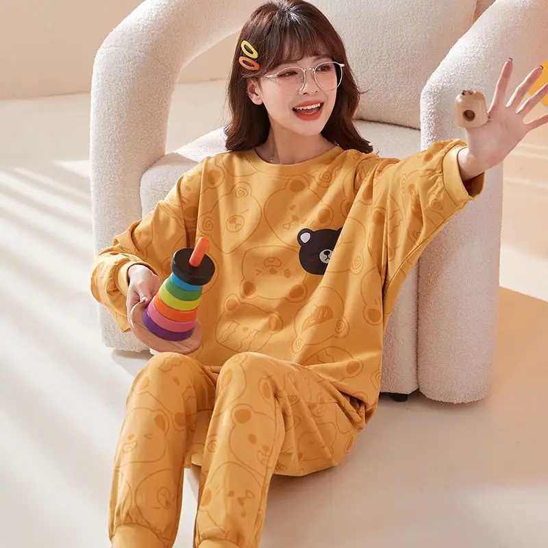 Pure Cotton Pajamas 2024 New Women Round Neck Long-Sleeved Trousers Homewear Suit Female Sweet Cartoon Large Size Sleepwear Set