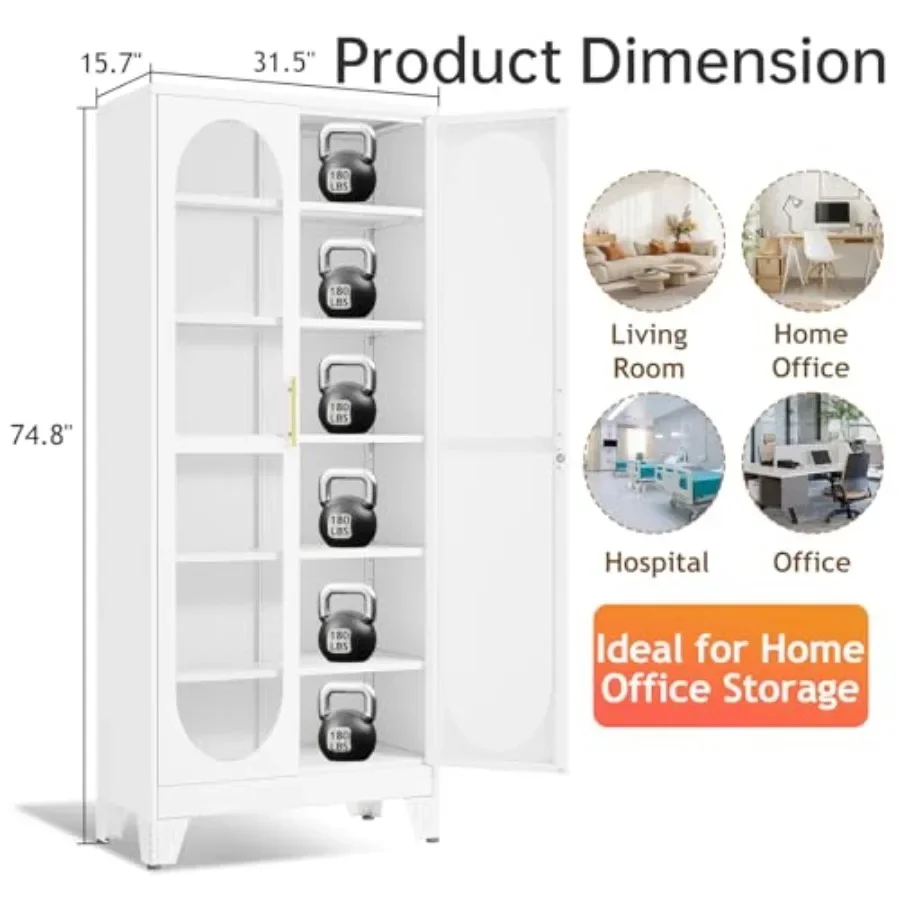 75 H locking display cabinet for living room/bedroom/kitchen/bar, metal, black, tempered glass door with 5 adjustable shelves