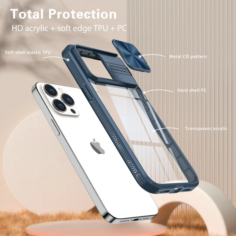 Slide Camera Lens Protection Phone Case For iPhone 15 Plus 14 13 12 Pro Max 11 Soft Bumper Shockproof Clear Hard PC Cover Coque