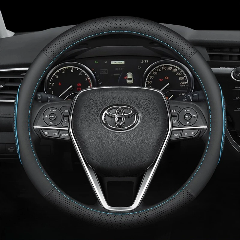 Genuine Leather Steering Wheel Cover Comfort Grip Breathable Non-Slip 15 Inch For Toyota Corolla Camry RAV4 C-HR Highlander