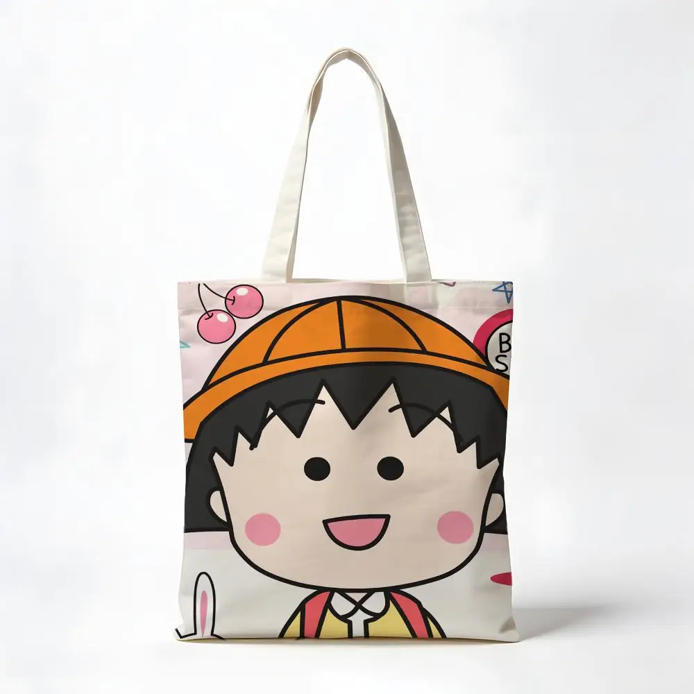 Anime C-Chibi M-Maruko-chan Storage Bags Washable Reversible Shopping Bag with White Handles, for Daily School & Market Use view 2