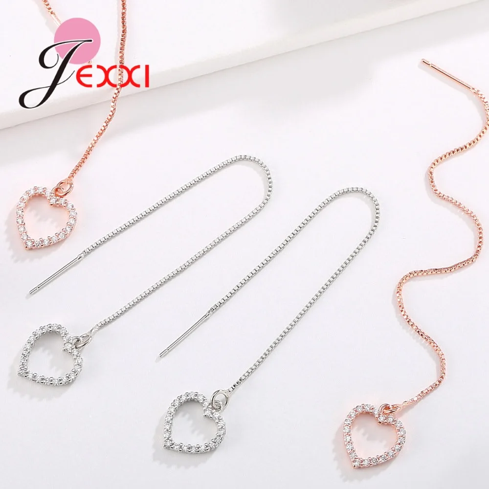 Orignial 925 Sterling Silver Women Box Chain Thread Earrings Shining Austrian Crystal Paved Heart Circle Star Jewelry 2 Colors