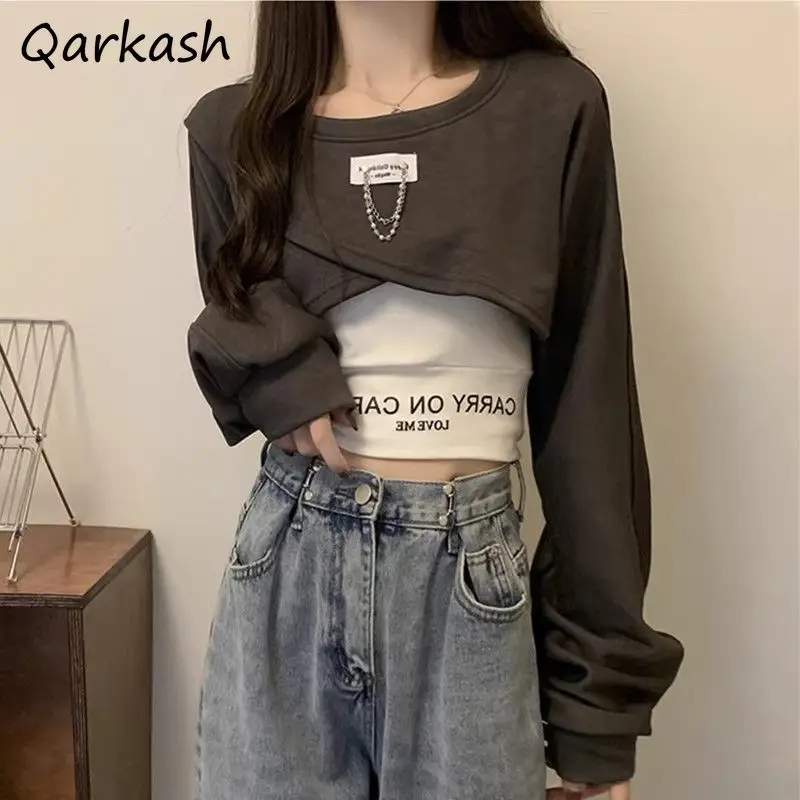 

Sets Women O-neck Pullover Long Sleeve Crop Tops Letter Printed Slim Camis Korean Style 2pcs Design OL Streetwear Fashion Cool