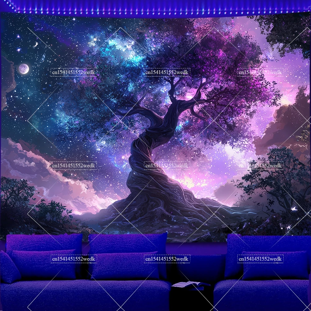 Tree Of Life Blacklight Tapestry UV Reactive Galaxy Sky Landscape Black Light Tapestrys Aesthetic Wall Art Neon Backdrops