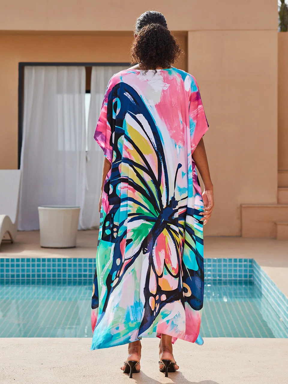 Fashion Butterfly Print Long Dresses Kaftan Women Swimwear Cover Up Beach Outfits 2023 Summer Vacation Maxi Dress Loose Robe