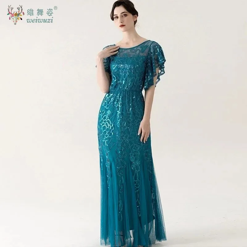 

Women's Fashion Vintage Round Neck Splicing Sequin Stage Dance Party Evening Gown Lake Blue Party Costume Unique Sleeves