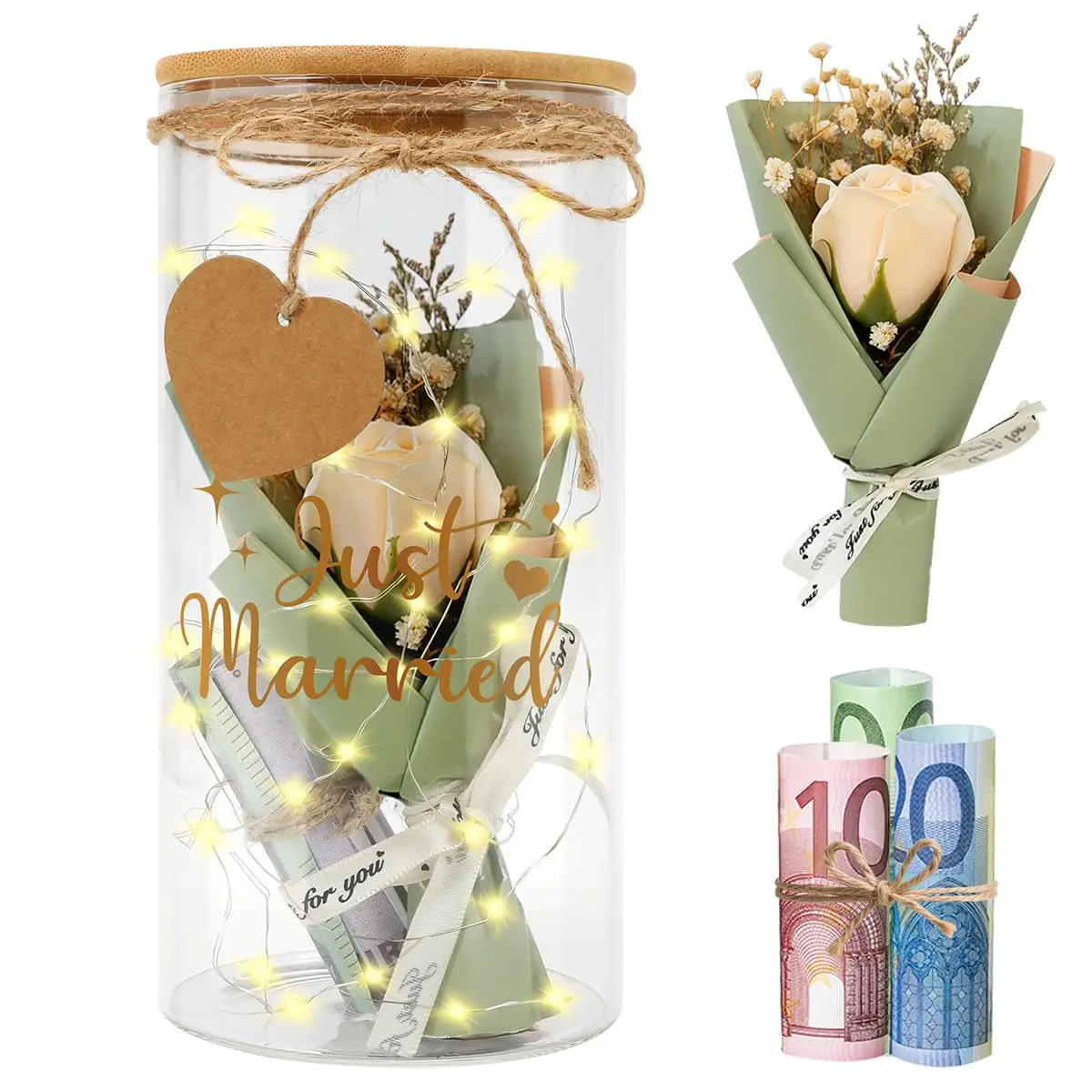 

Wedding Gifts for Bride and Groom Just Married Bottle Light Wedding LED Money Gift Wedding Packaging with Flowers Gift