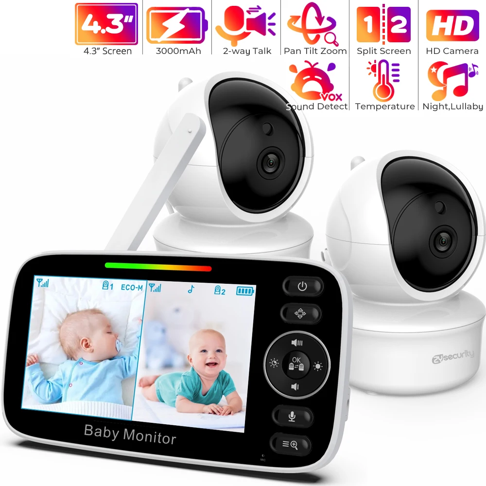 4.3Inch Video Baby Monitor with 2 Cameras Pan Tilt Zoom,3000mAh Battery Babyphone 2-way Talk Night Vision Temperature Babysitter