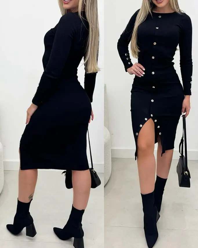 Damesjurken Herfst Nieuwe Vrouwelijke Casual Slanke Bodycon Slit Midi Jurk Vrouw Vakantie Metalen Knop Decor Gebreide Jurk Met Lange Mouwen