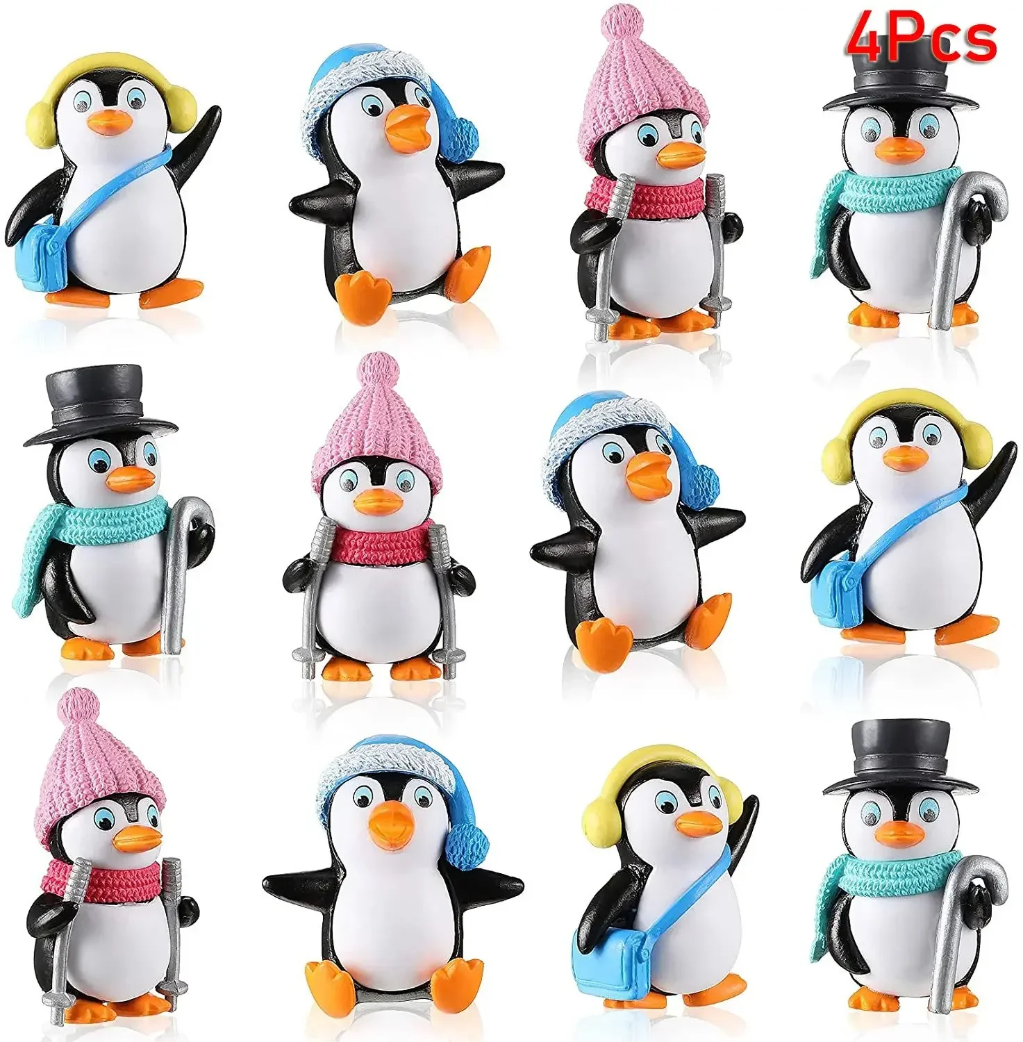 4Pcs Cute Cartoon Penguin Characters Toys Playset Mini Cartoon Penguin Cake Topper Winter Penguin Figurines Cake Decoration
