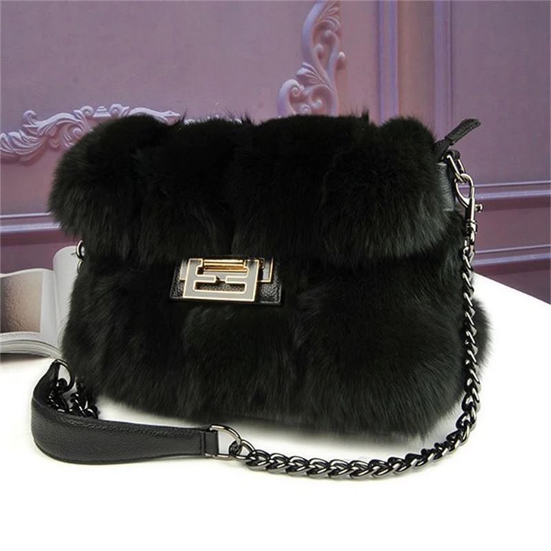 Mode Damen neue Pelz Tasche natürliche flauschige Fuchs Fell Luxus Umhängetasche Echt leder Gürtel Cross-Body Dinner Ledertasche