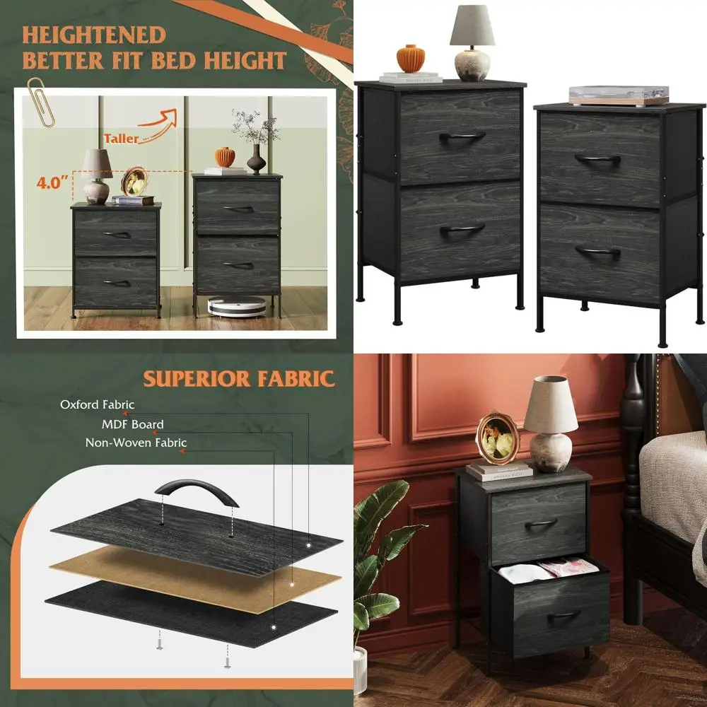 

Набор из 2-х прикроватных тумбочек цвета угольно-черный: маленький комод с 2 ящиками и тумбочка с тканевым ящиком для хранения для спальни, общежития и прихожей