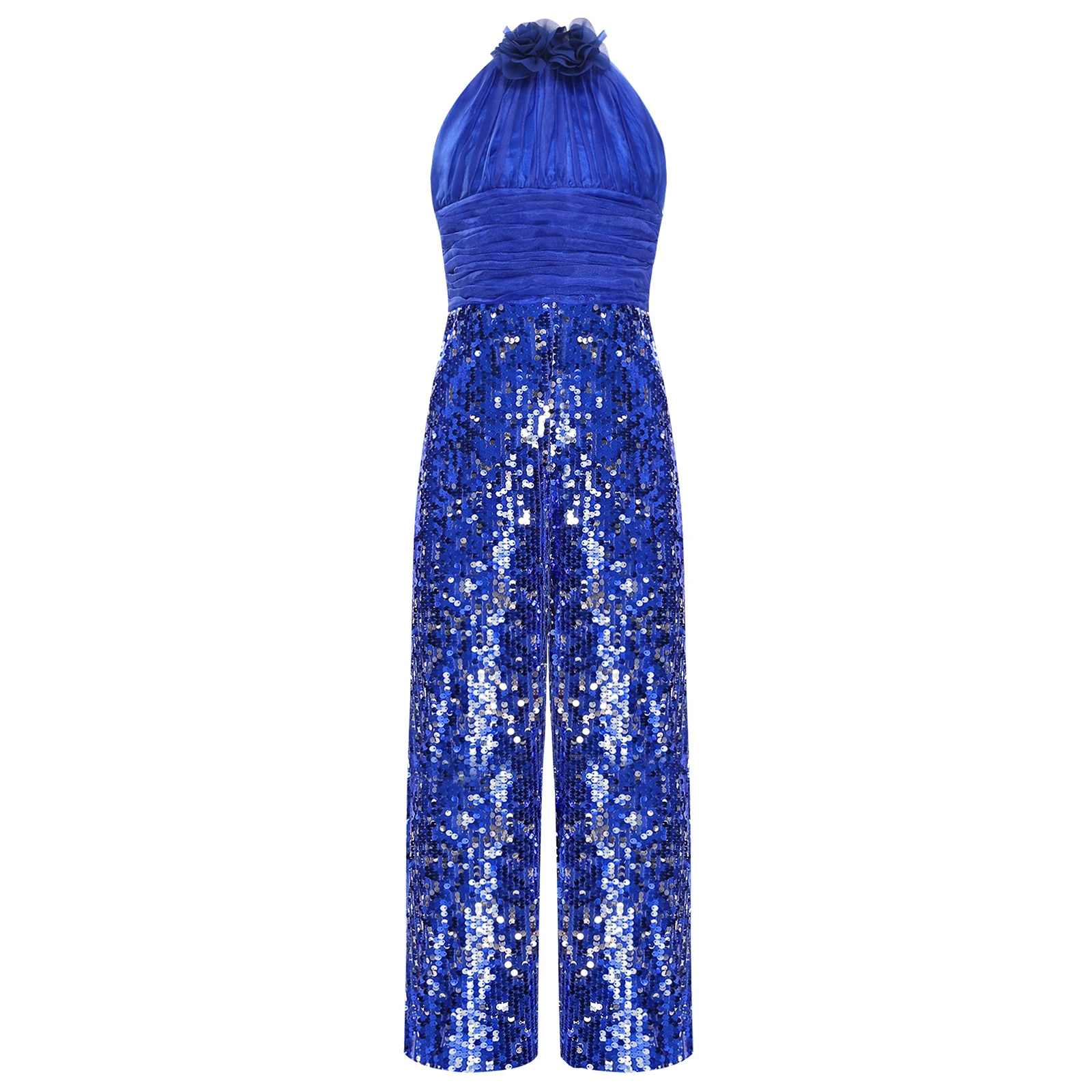Crianças menina lantejoulas macacão halter 3d flores cintura alta malha reta plissados calças compridas macacão de uma peça cocktails noite terno
