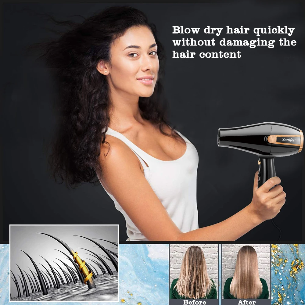 Hair Dryer Sonifer SF-9633 2000W AC Motor Blow Dryer with Cool Shot 2 Nozzles Overheat Protection for Home Hair Care