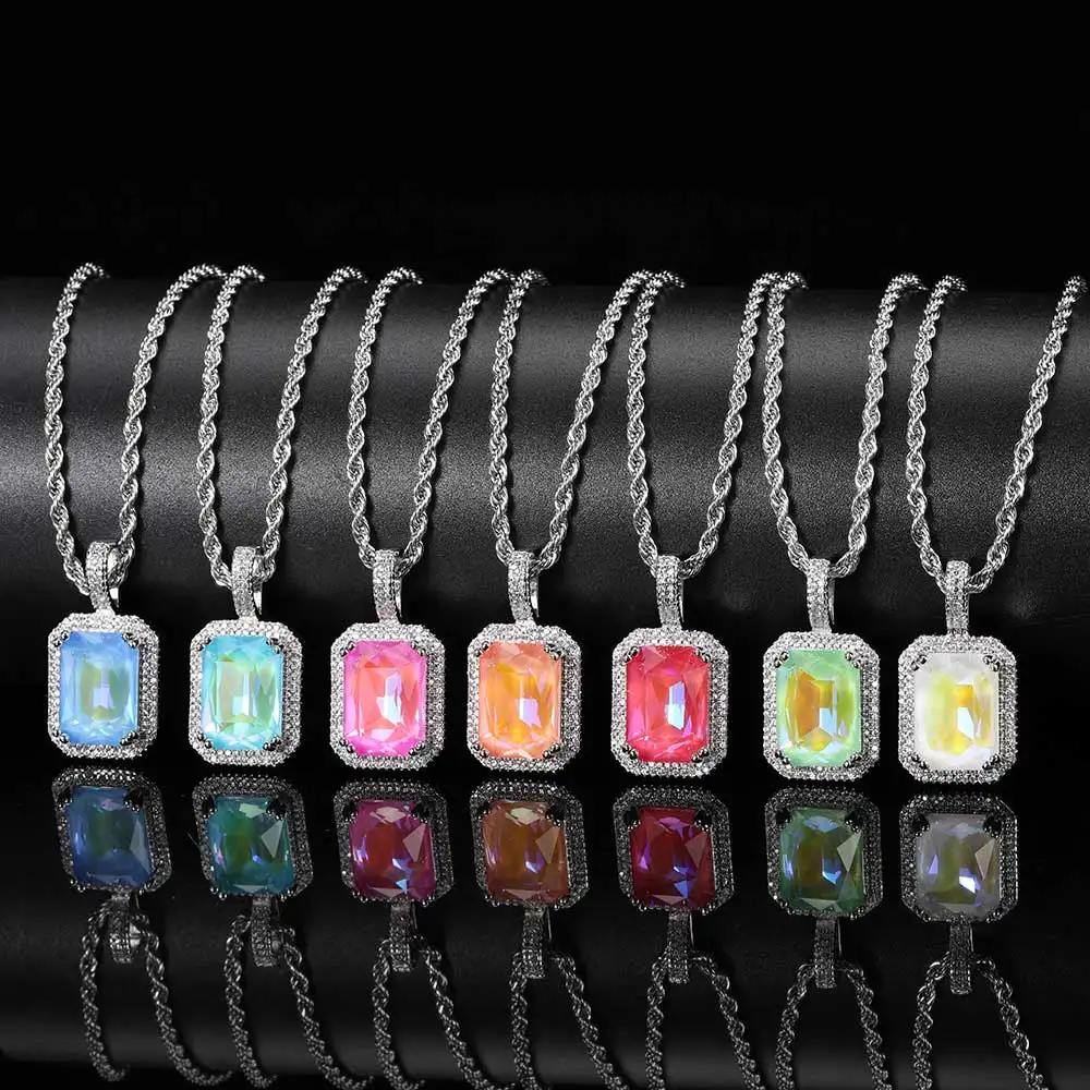 Hot selling Mocha Fluorescent Square Solid zircon Colored Gem Pendant Hip Hop Men\'s And Women\'s Inset Bling Zircon Necklace