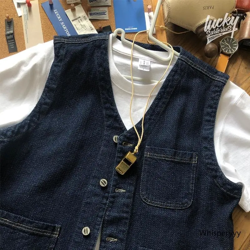 

New Men's Vest Japanese Fashion Waistcoat Trend Men Clothing V-neck Solid Wild Single-breasted Sleeveless Cargo Jacket Male