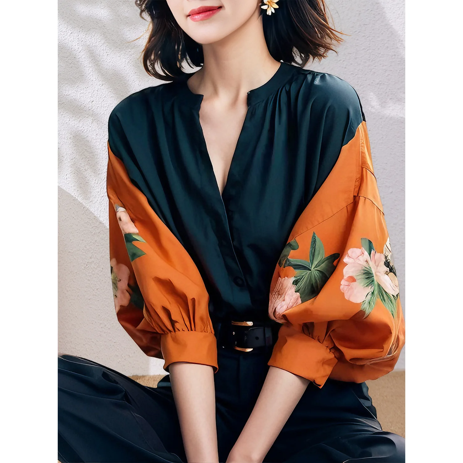 

Стильная свободная рубашка с v-образным вырезом и принтом, французская винтажная осенняя новая стильная красивая женская рубашка на пуговицах из материкового Китая