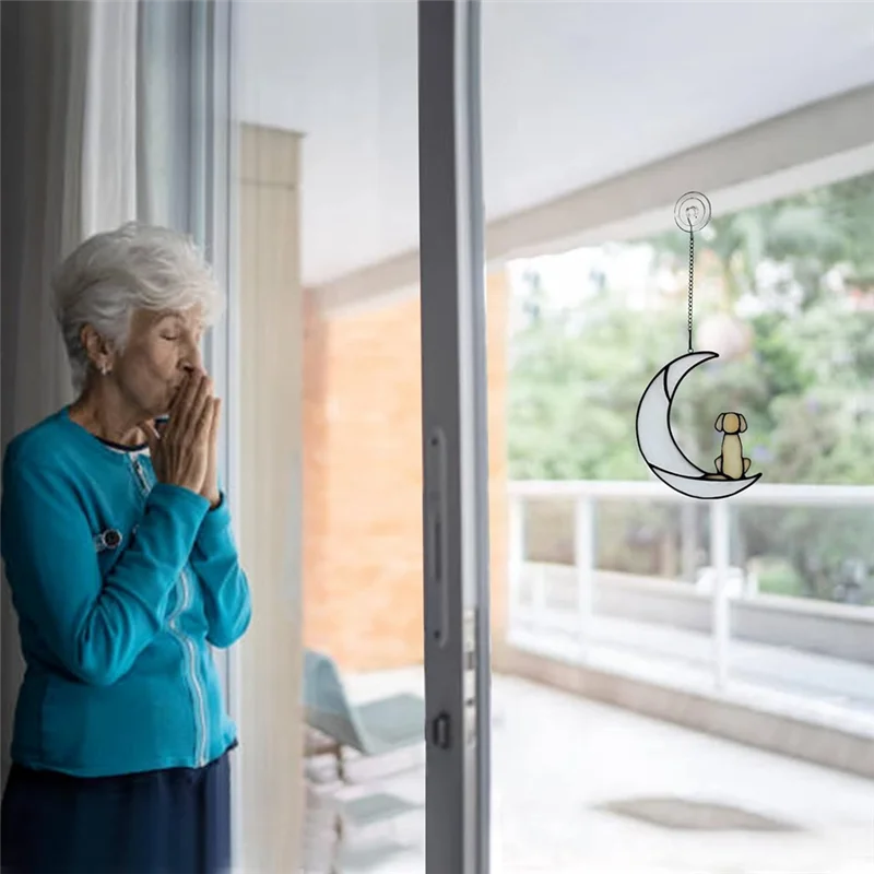 Versatile Loss Of Dog Sympathy Gift, Stained Glass Dog On Moon For Suncatcher Gifts, Yellow Dog Memorial Gifts For Pet Loss Gift