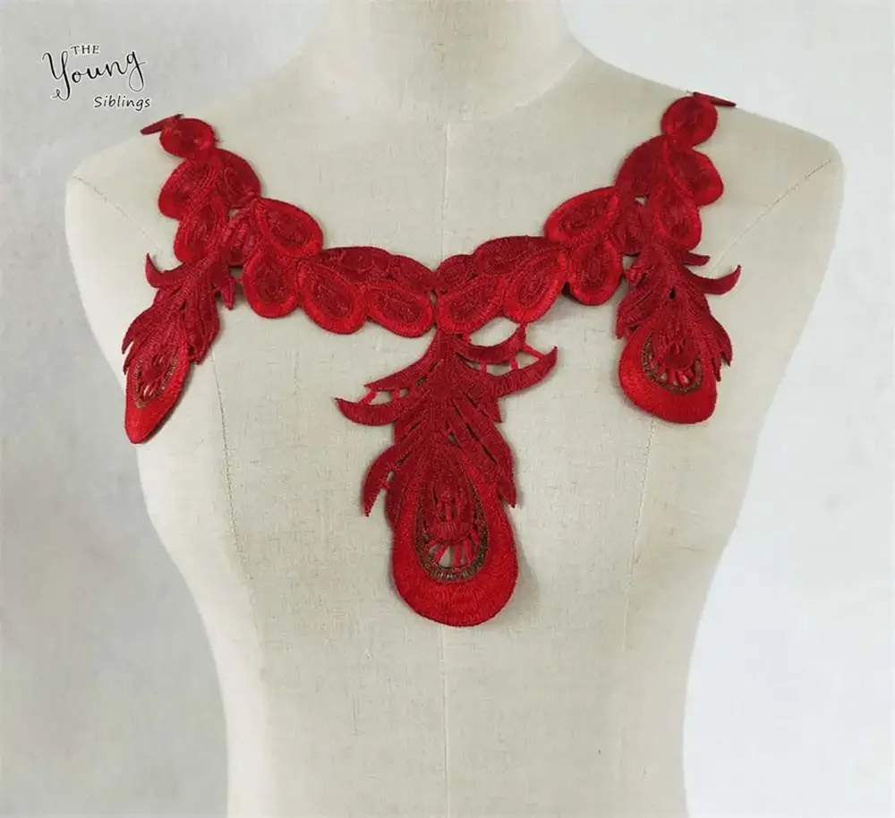 Red Openwork Lace Neckline DIY Embroidery Applique Sewing Lace Collar Decorative Ladies Clothing Neckline Decals Accessories