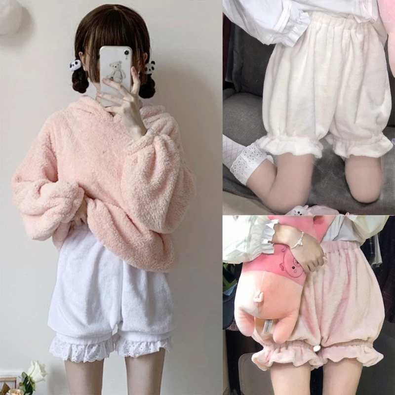 Women Plush Velvet Lolita Bloomers Ruffle Bow Loose Pumpkin Pants Thermal Shorts