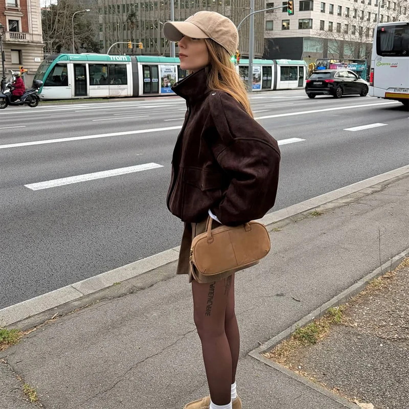 Women Dark Brown Faux Suede Bomber Jacket Stand Collar Zip Snap Button Shoulder Tab Pockets Oversized Cropped Vintage Outerwear