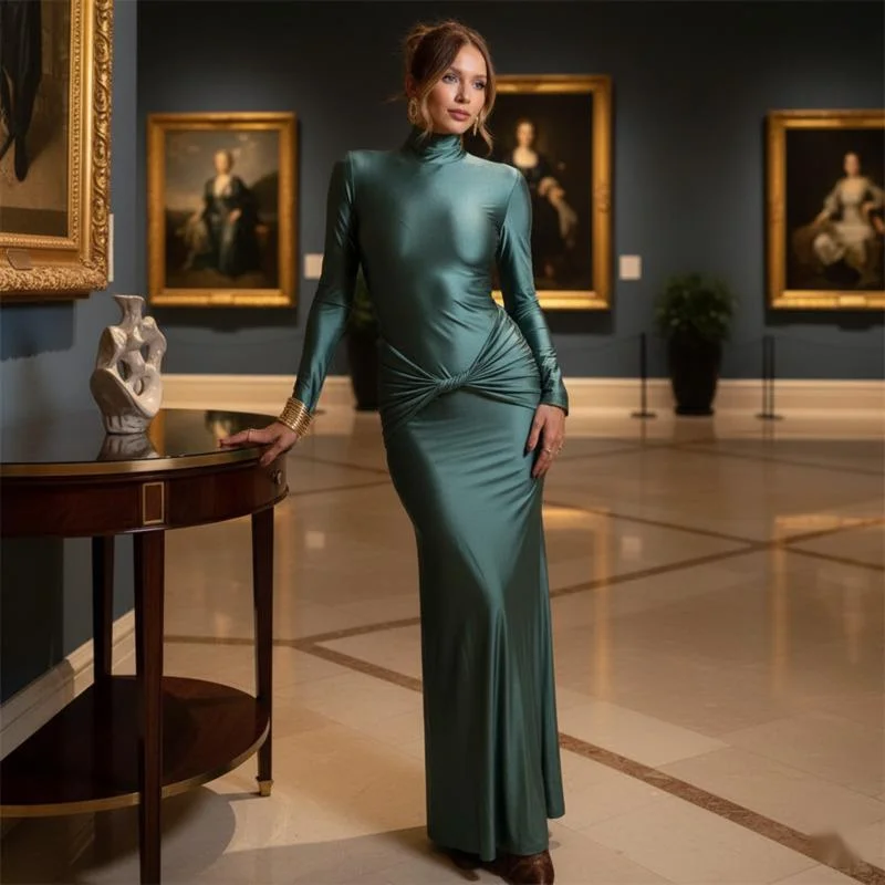 

Elegant Women’s Ruched Waist Turtleneck Dress Long Sleeve Slim Fit Solid Color Gown For Autumn Winter Events Formal Gatherings