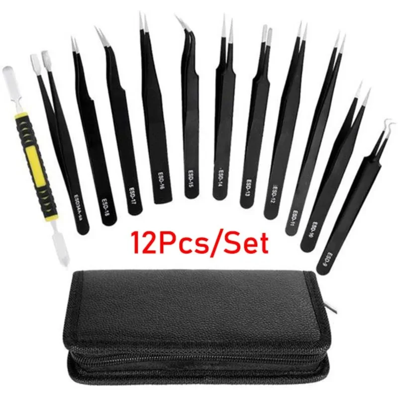 12Pcs/Set Precision Tweezers Anti-static Stainless Steel Elbow Straight With Bag Repair Maintenance Tool Industrial Tweezers