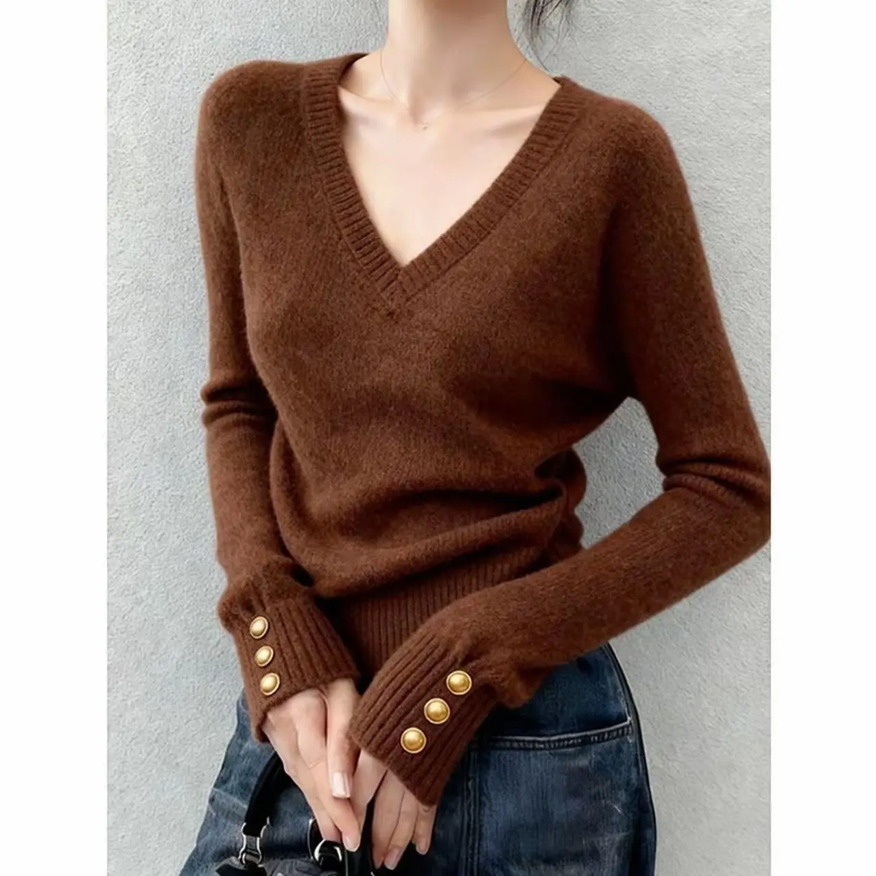 Autumn Winter New Style Soft V-Neck Long Sleeve Women's Knitted Sweater Slim Fit Base Layer Top Fashionable Casual Wear
