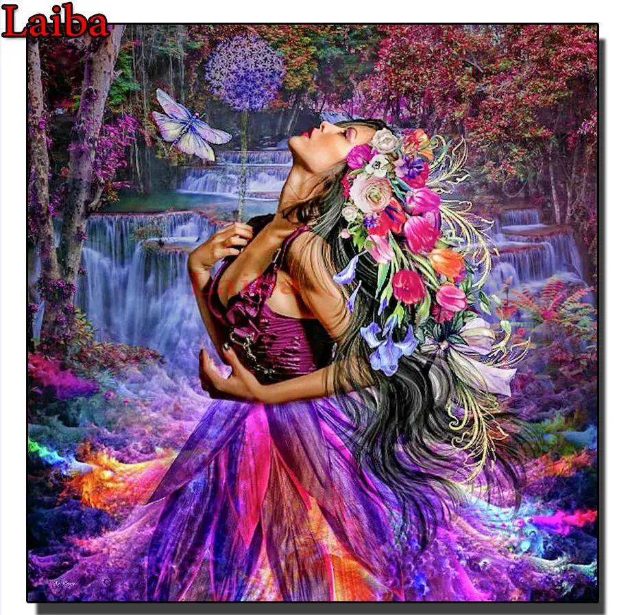 waterfall flower woman 5D diamond painting beauty full square round diamond embroidery mosaic home decoration DIY handmade gift