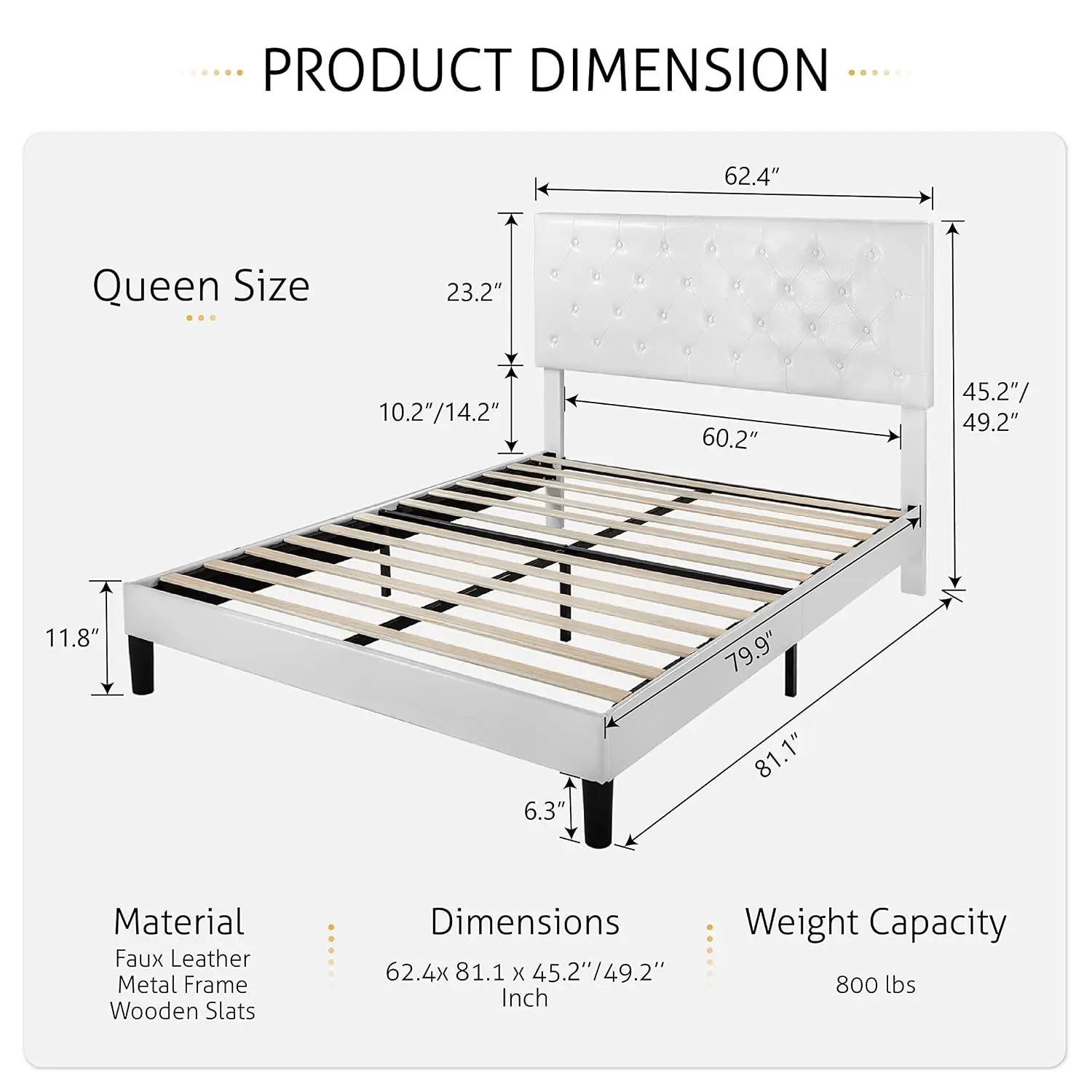 Button Tufted Queen Bed Frame with Upholstered Headboard, White, Customized