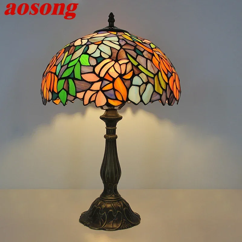 AOSONG Tiffany Table Lamp LED Luxury Creativity Living Room Study Bedroom Bedside Lamp Villa Hotel Color Glass Desk Light